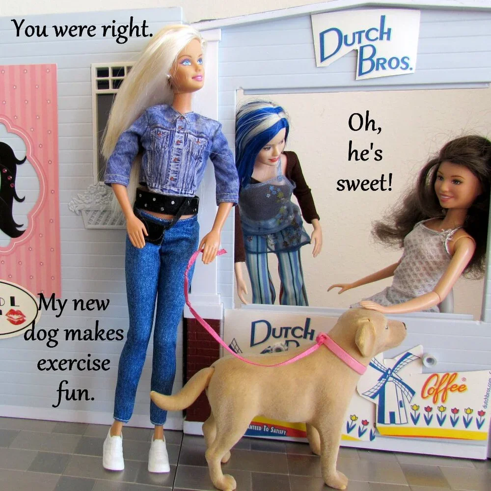 BARBIE + DOG, ARTICULATED DOLL w CLOTHES; SEE THEIR SWEET STORY!